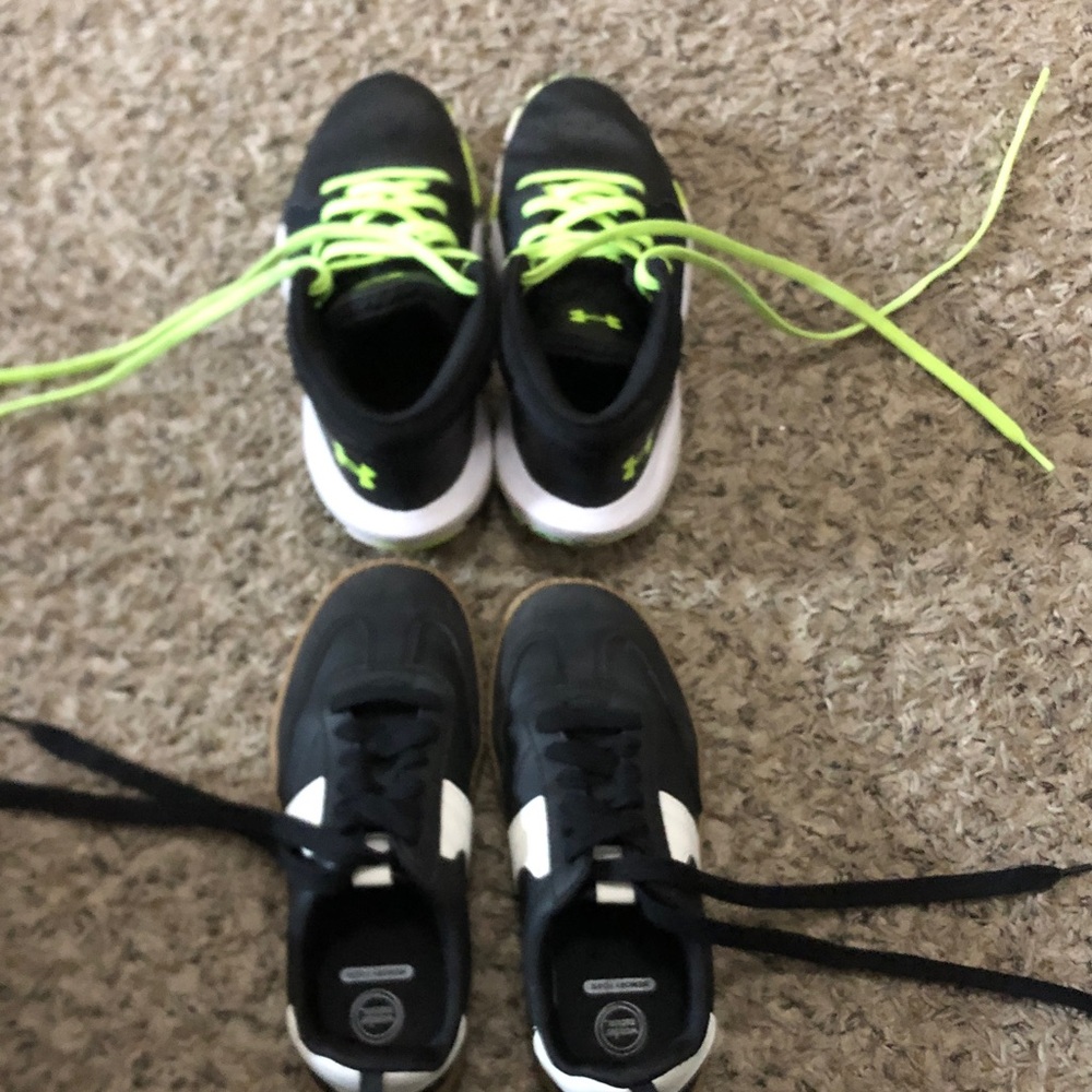 Boys black, white, and green shoes